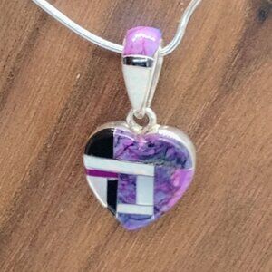 Signed SM Sterling Heart Shaped Inlay Gemstone Pendant Reversible Double Sided